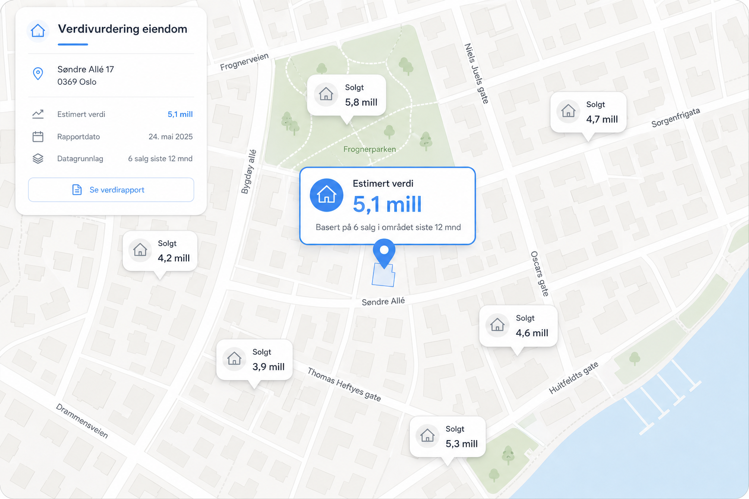 Verdivurdering av eiendom - kart med siste salg og estimert verdi (illustrasjon)