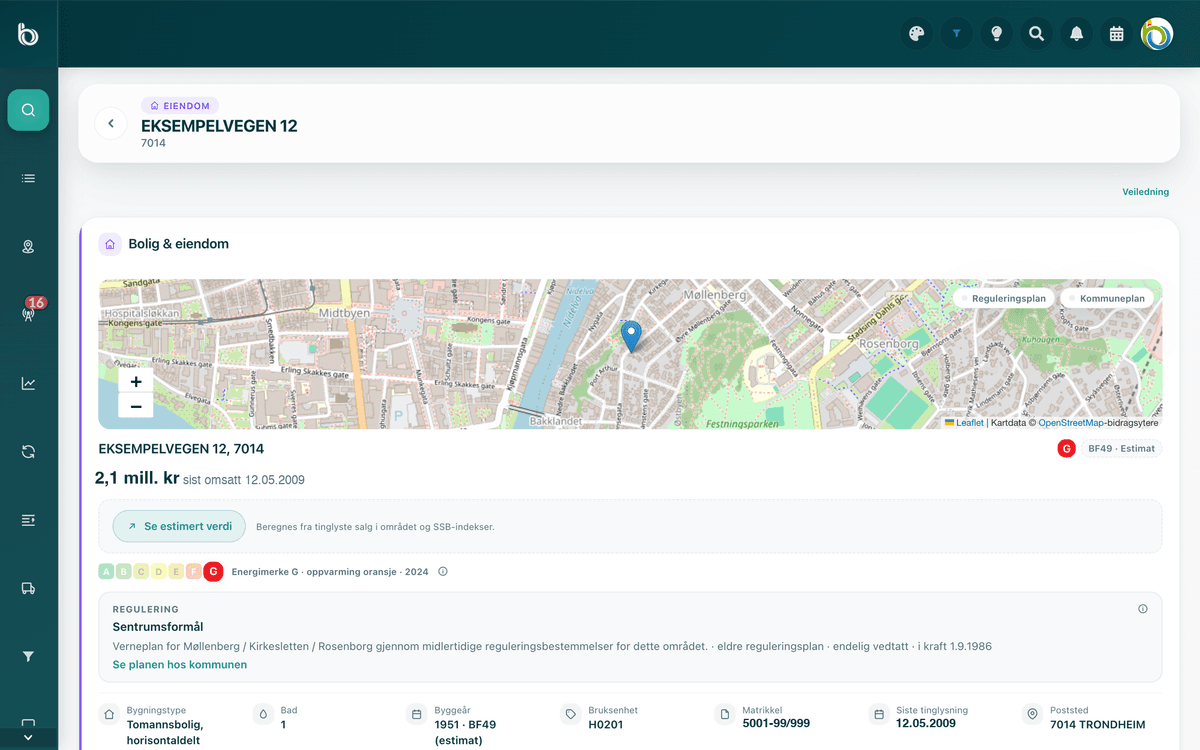 Eiendomsregisteret - eiendomsoppslag med kart, regulering og bygningsdata