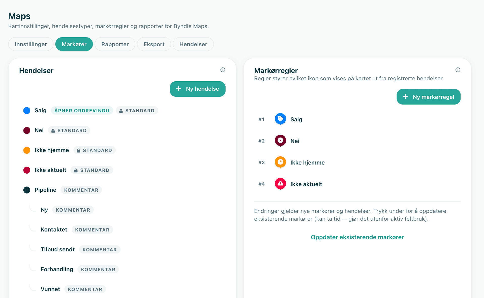 Administrasjon av hendelsestyper og markørregler i Maps