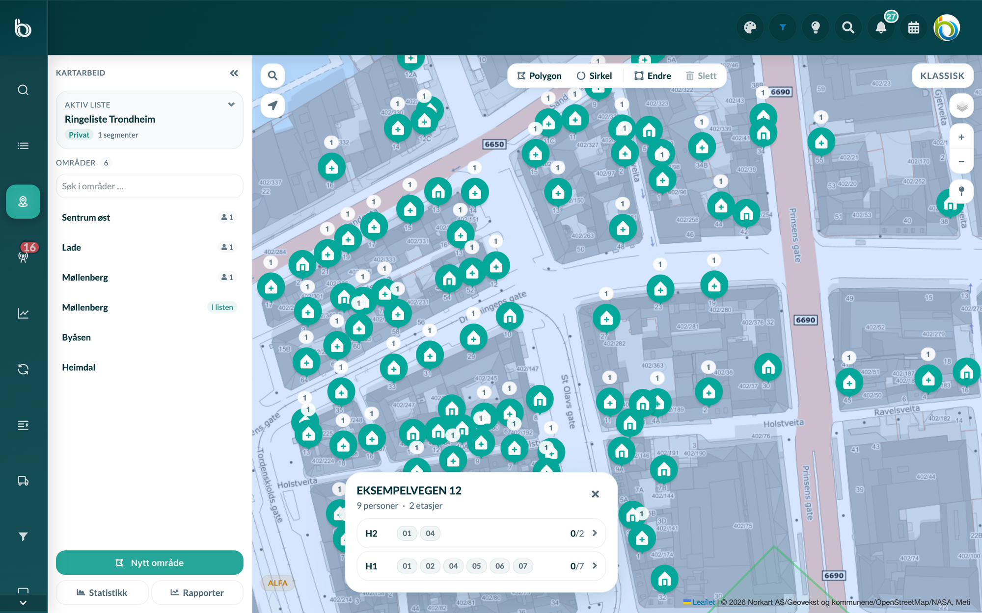 Kundekort i Byndle Maps - adresse med boenheter og status direkte i kartet