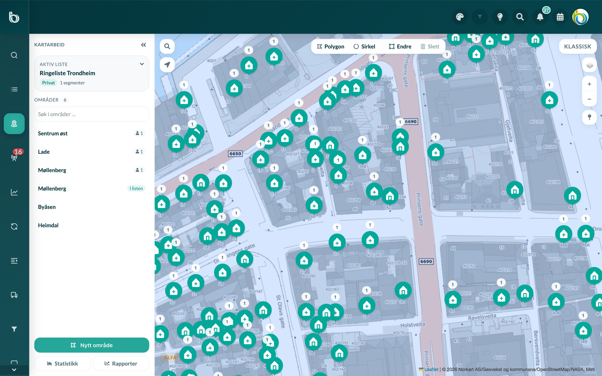 Kundemarkører på gatenivå i Byndle Maps - hver husstand vises som markør i kartet