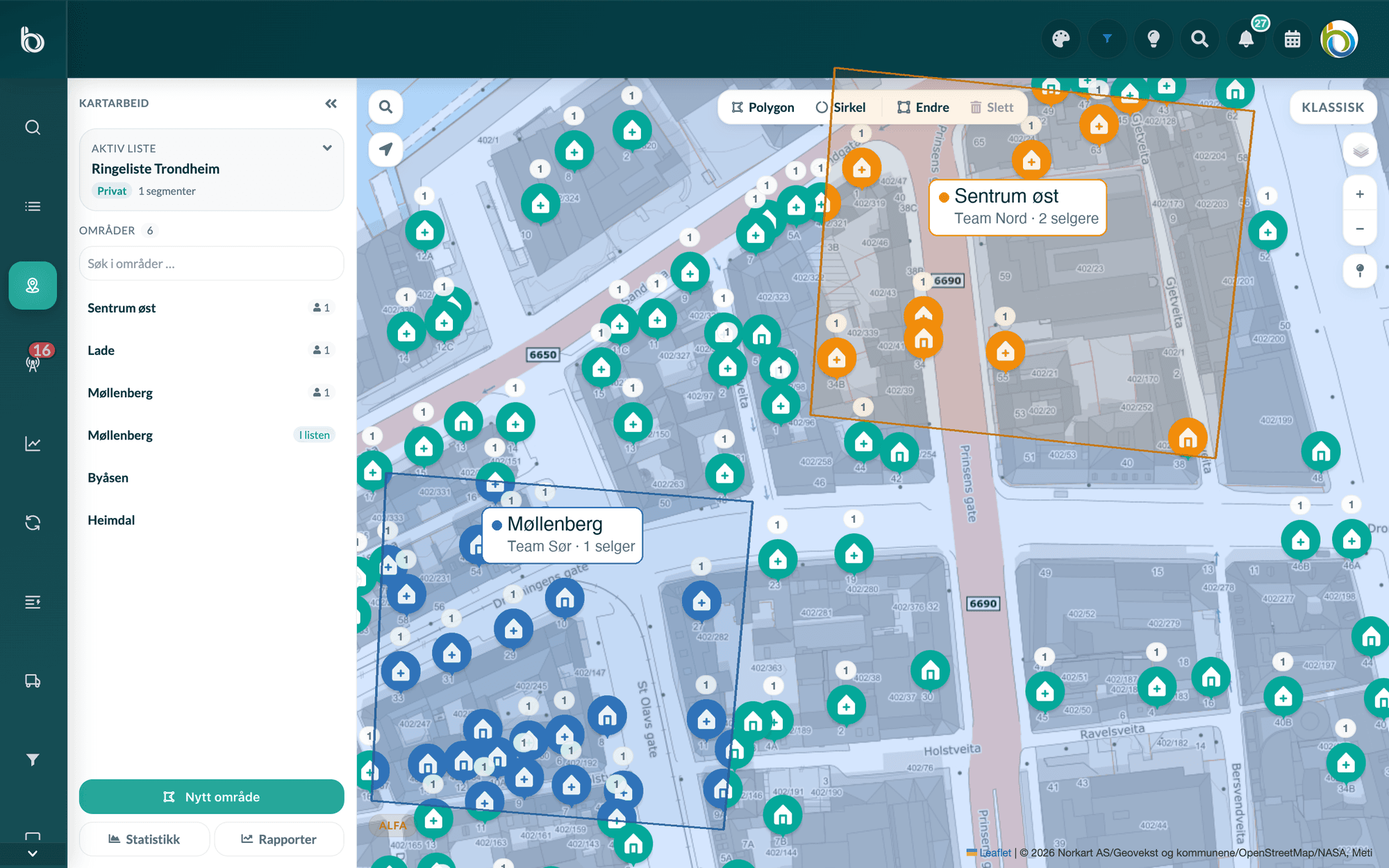 Byndle Maps med soner tildelt team og markører fargekodet av markørregler - totalkunder og salg har egne ikoner